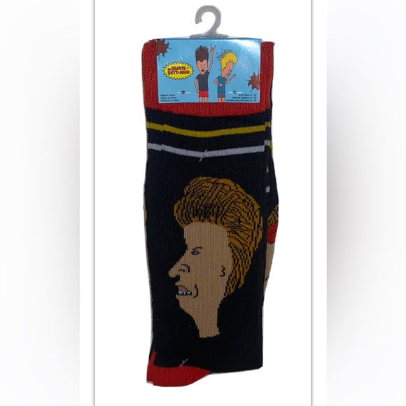 Beavis & Butt Head Crew Socks 2 Pair Men 6-12 Black Red Faces & Burger World NEW - Picture 1 of 9